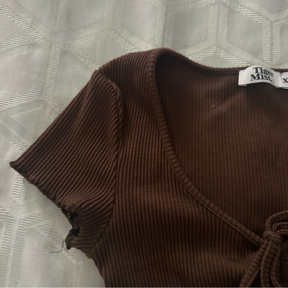 Brown Ribbed Tie-Front Top - Picture 2 of 3